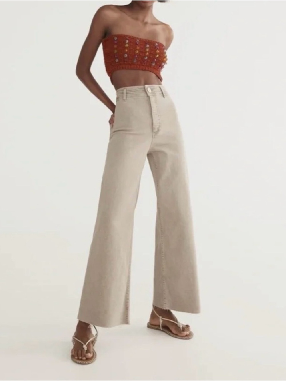 Zara Wide-Leg High-Rise Jeans in Light Beige